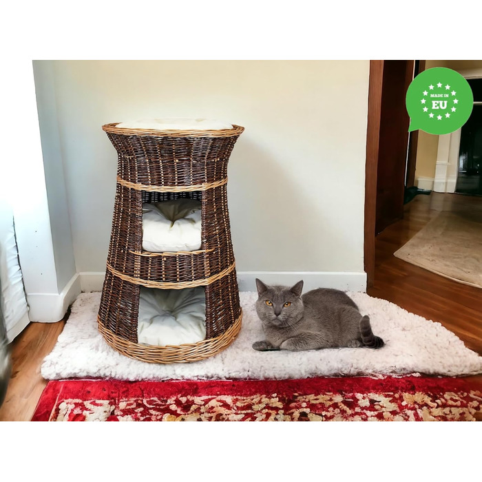 Корзина для котів для сну - котяча хатинка для дому - розмір 43 x 49 x 70 см, кругла - котяча печера з лози, трирівневе ліжко для собак або котів з пральним подушками в кольорі слонова кістка - лакована корзина з бежевими подушками