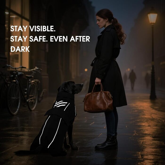 Водонепроникний дощовик для собак XXL, чорний, з капюшоном та отвором для повідка, з відбиваючими смугами, для великих порід (Лабрадор, Голден Ретрівер, Німецька вівчарка, Боксер)