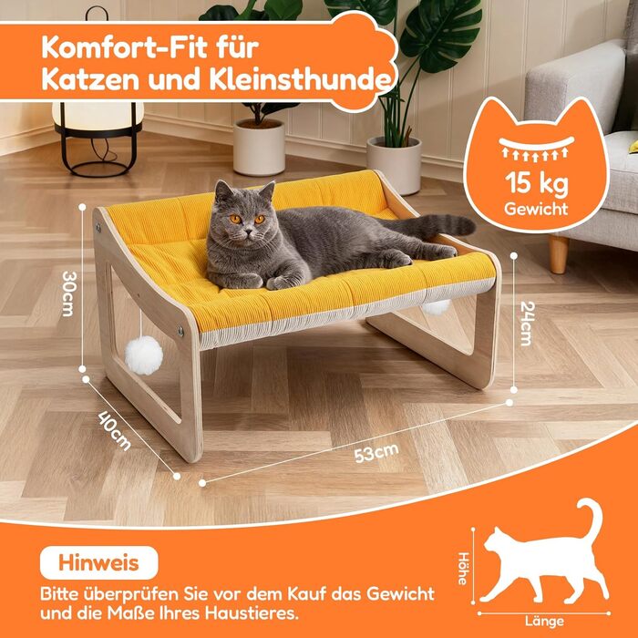 BSWAY Підвищене ліжко-софа для котів з дерева, сонячно-жовтий колір, 53x40 см, стильний котячий стільчик з знімним чохлом для матраца, до 15 кг