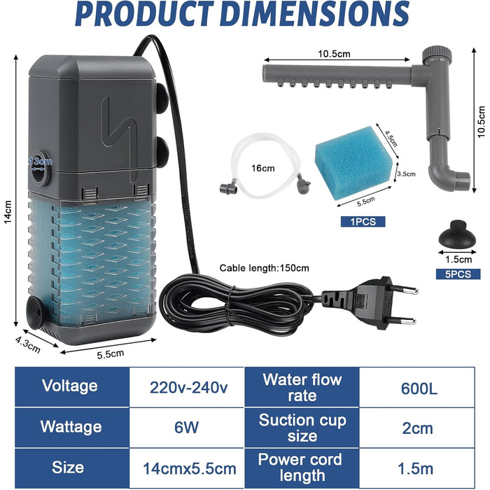 EXLECO Фільтр для акваріума 1.1M, внутрішній фільтр з 2 змінними губками, регульований фільтр для акваріумів об'ємом 20-50л, помпа-фільтр для акваріумів з розпилювачем (6W 600L/H)