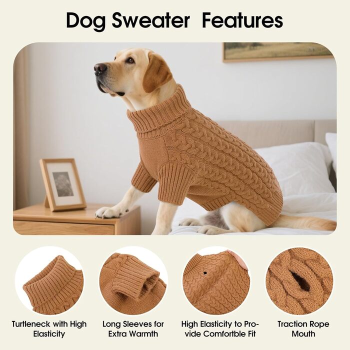 Теплий зимовий пуловер для собак AENKU з отвором для повідок, з коміром-горловиною, для чихуахуа, бульдога, зелений (L, коричневий)