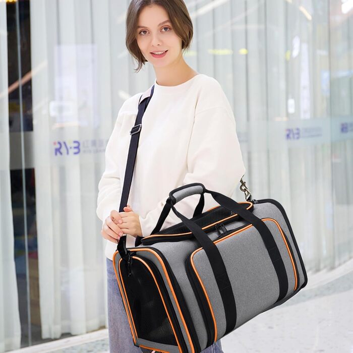 Транспортна сумка для котів та собак PETCUTE, складана переноска для тварин з підкладкою, шлейкою, дихаюча переноска для подорожей (сірий+помаранчевий)