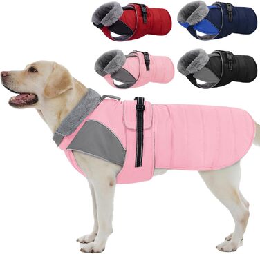 Зимовий теплий куртка для собак Nanaki з флісовою підкладкою, водонепроникний, з відбиваючими елементами, з отвором для повідка, пухнастий комір, середній розмір, для прогулянок на вулиці, полювання, простий у використанні (XX-Large, Рожевий)