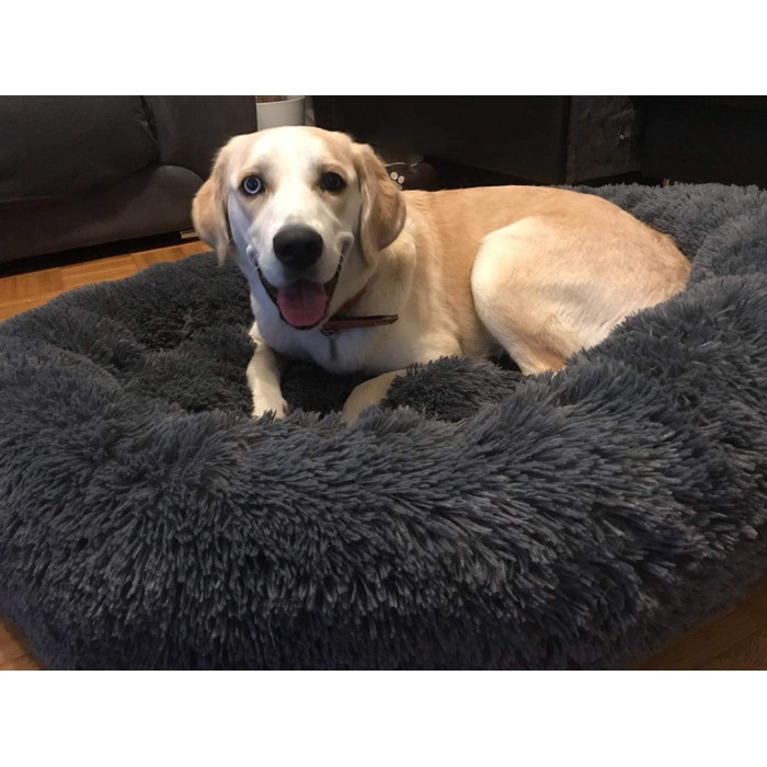 Преміум ортопедичний лежак для собак великих та екстра-великих порід, круглий, з м'якого плюшу, з водонепроникною основою, легко миється, діаметр 90 см, темно-сірий