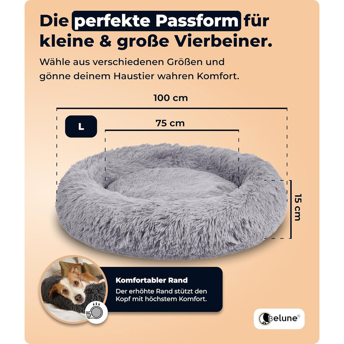 Belune® Лежанка для собак знімний чохол - Оригінал - [L, 100 см, Світло-сірий] Корзина для собак, котяче ліжко, лежанка для собак, собача лежанка, пухнасте ліжко для великих, середніх та маленьких собак L (100 см) Світло-сірий