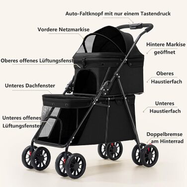 Складаний візок для собак на 2 ярусах, переноска для домашніх тварин до 24 кг, візок для собак з сітковими віконцями, ремінь безпеки, 4 колеса, складаний візок для котів та маленьких собак (чорний)