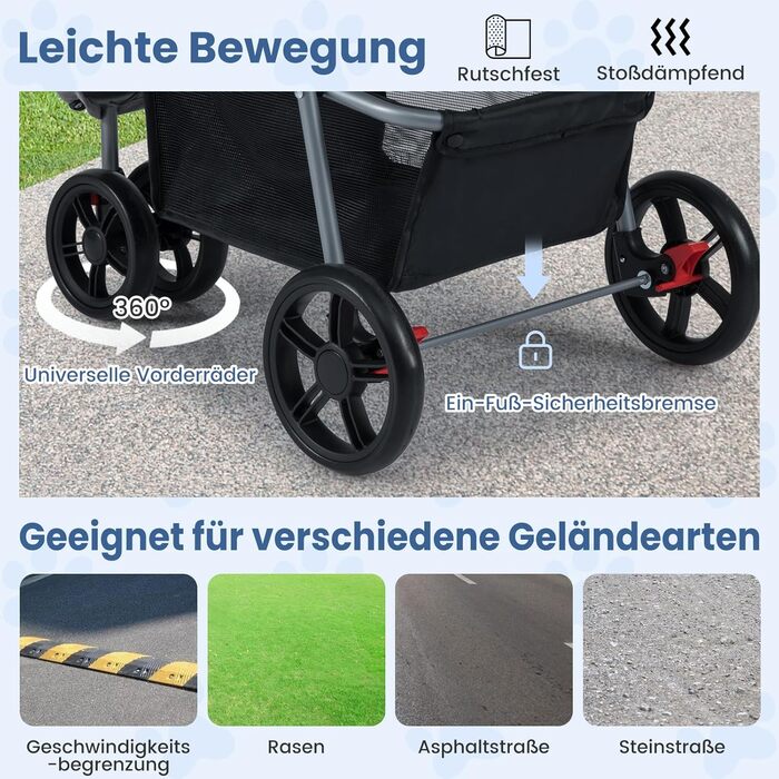 Візок для собак та котів COSTWAY, складна конструкція, до 15 кг, 3 колеса, з м'яким сидінням, регульованим козирком, ручкою, сітковими віконцями та кошиком, блакитний