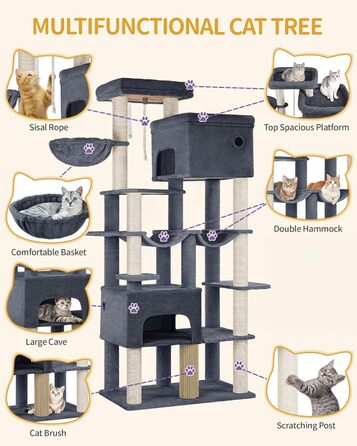 Декілька рівнева кігтеточка для котів Hzuaneri MS20018LG, 200 см, XXL, 10 стовпчиків, 2 печери, 2 гамаки, велика платформа, щітка для котів, кошик, для мейн-кунів та великих котів