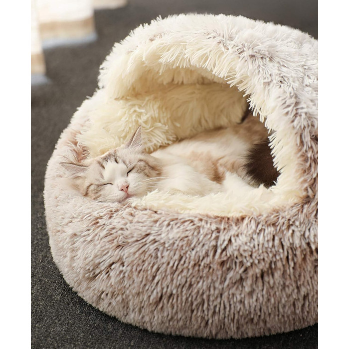 М'який лежак-мішок для котів з плюшу, самонагрівальний, антиковзаюча підстилка для котів, лежанка-печеринка, колір кава, прання можливе