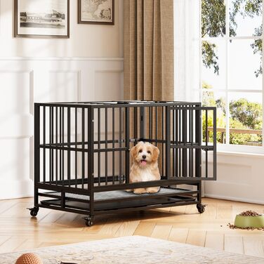 Міцний переносний вольєр для собак, транспортна переноска для великих собак, 94x58.5x74.8 см. Металевий вольєр на 4 колесах з двома дверцятами, знімний піддон. Підходить для малих, середніх та великих собак.