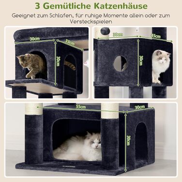 Кігтеточка Globlazer 204 см з 3 будиночками, 2 платформами, 3 м'якими будиночками для котів, стабільна, для 3-5 котів, відпочинок, ігри, дряпання, інтер'єр (Dunkelgrau)