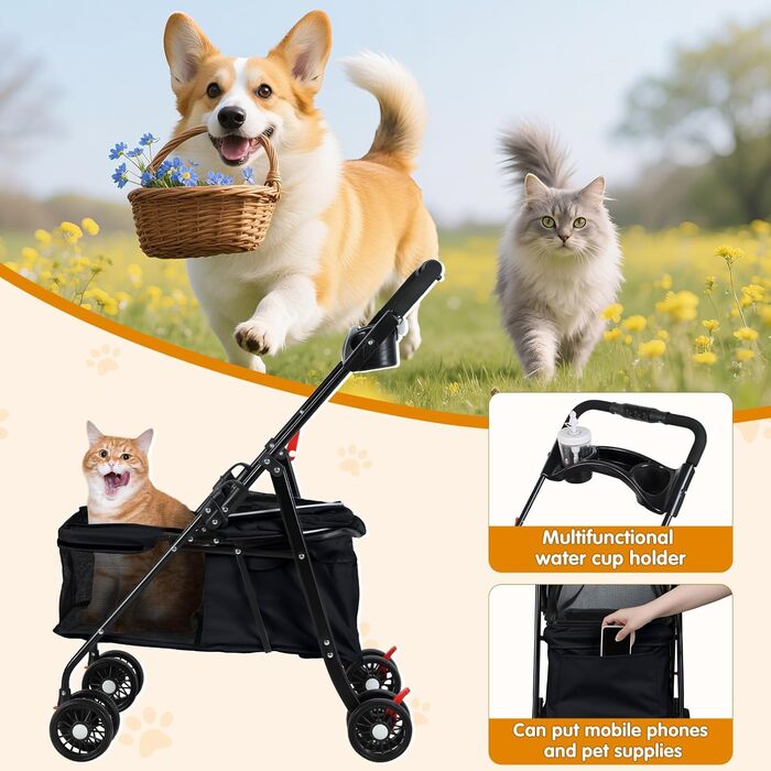Дитяча коляска для тварин з 4 колесами, легка та складана, до 7,5 кг, з тримачем для напоїв