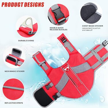 Рятувальний жилет для собак Oslueidy з високою плавучістю, світловідбиваючими елементами. Підходить для малих, середніх та великих собак. Ідеально для плавання, катання на човні, серфінгу та каякінгу. Червоний колір.