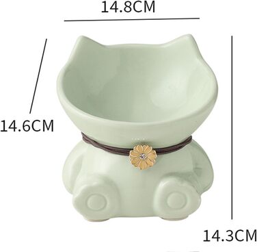 Миска для кота Disoza, піднята, кераміка, зелена, 14.8x14.6x14.3 см, миска у формі кота, для годування, сумісна з посудомийною машиною