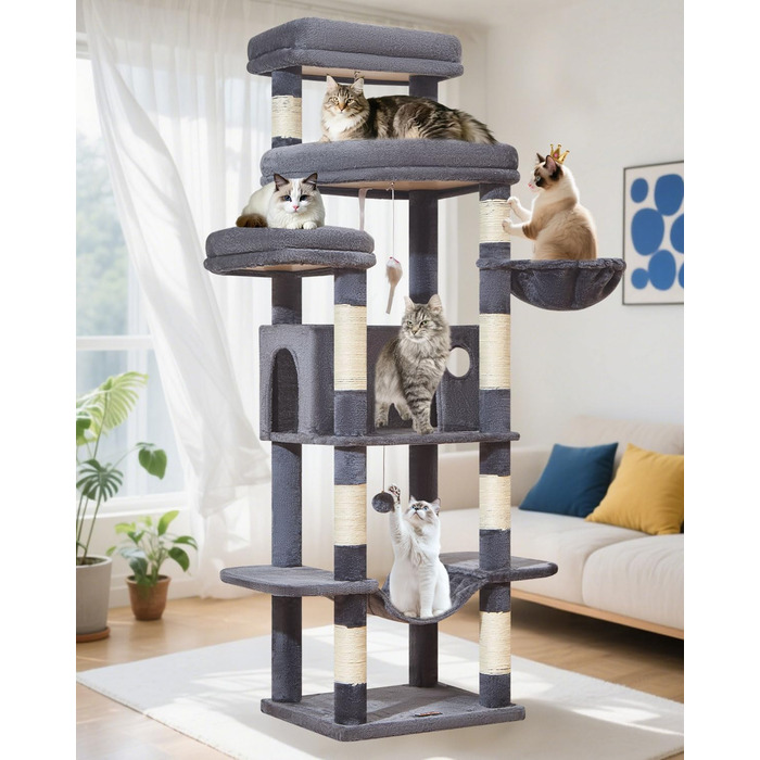 Комплекс для котів Taoqimiao 180 см XXL: Дряпка-стовпчик для великих котів (Мейн-кун), будиночок, гамак, платформа, 9 стовпчиків, кошик, темно-сірий