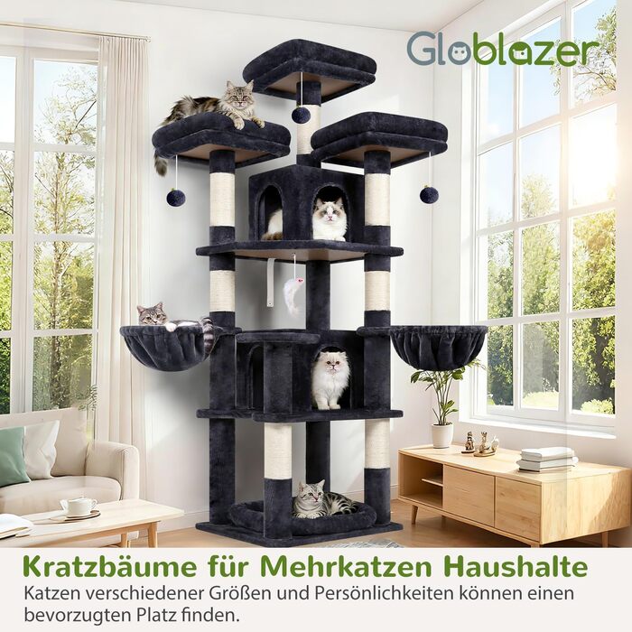 Ігровий комплекс для котів Globlazer F68B з 3 платформами та 2 будиночками, кігтеточка для 2-3 котів, 174 см, темно-сірий