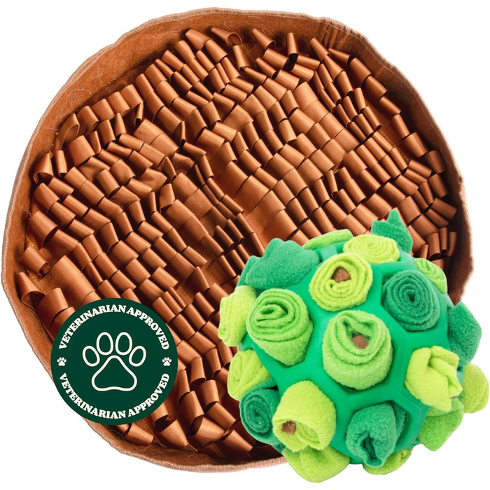 Набір для збагачення Reggie для собак: інтерактивна килимок та іграшковий м'яч проти швидкого поїдання, нудьги та стресу. Підходить для всіх вікових груп. Колір: коричневий килимок, зелений м'яч