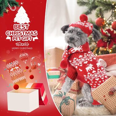 Новорічний светр для собак PETCARE з шапкою та шарфом, червоний зі сніжинками, костюм для цуценят, розмір L
