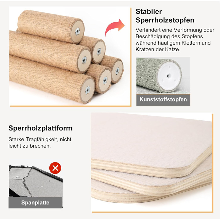 Драбина-кіготь для котів FUKUMARU, 4 яруси, до стелі (251-274см), кріпиться до стіни, з джутової тканини та зручною гамаком, бежева