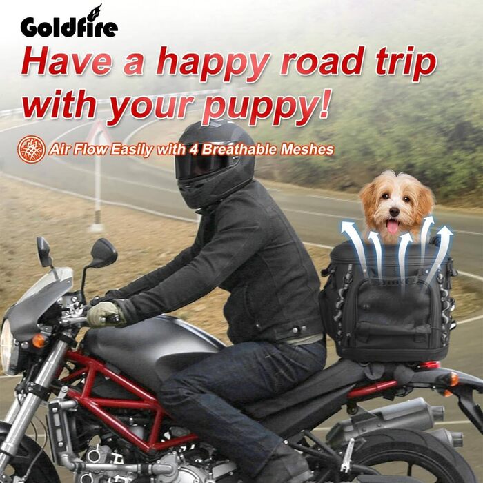 Транспортна сумка Goldfire для домашніх тварин, переноска для собак/котів, водостійка, для мотоцикла, туристична, сумісна з багажником та сидінням пасажира (чорна)