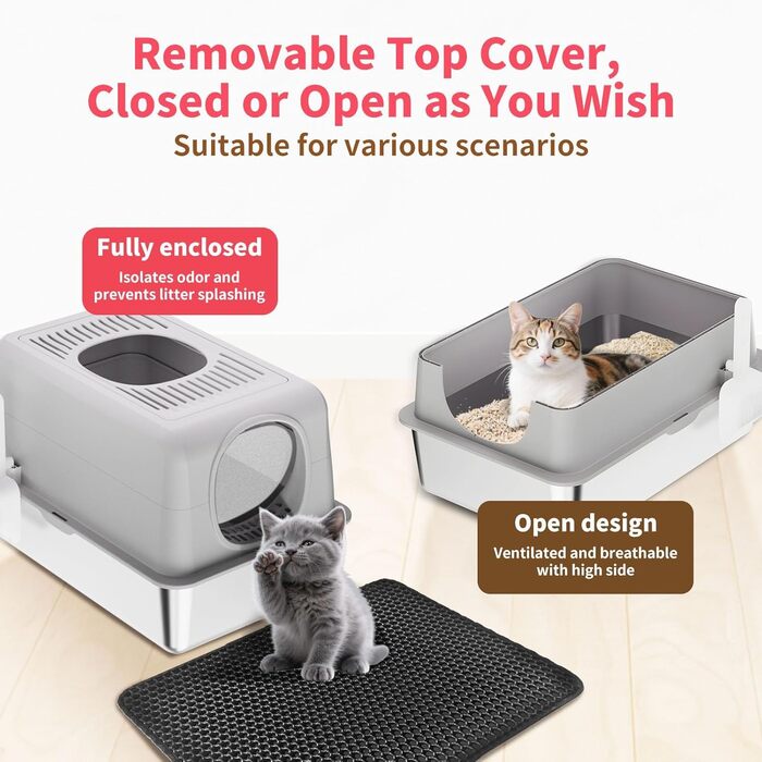 Лотку для котів з нержавіючої сталі з кришкою, великий, для великих котів, з совоком та килимком сірого кольору