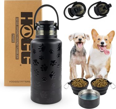 Водяна пляшка для собак Hogg Hydro Hound: портативна миска, ізотермічна, з нержавіючої сталі, чорний дизайн з відбитками лап
