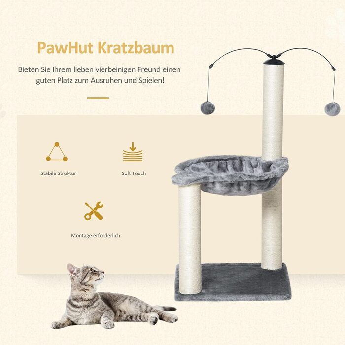 Дряпка для котів PawHut з гамаком, іграшкою, сірий, 39,5x39,5x83 см