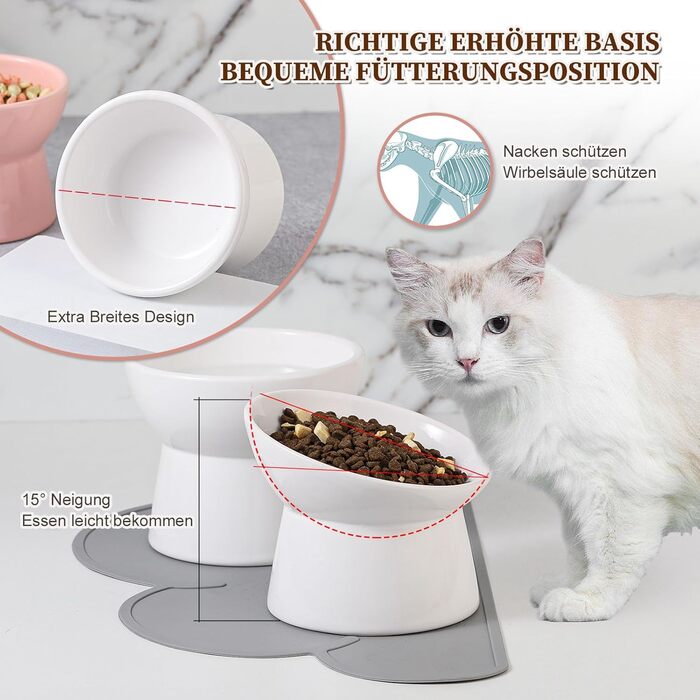 Набір мисок для котів з підняттям, кераміка, 3 шт. з антиковзною підкладкою, великі миски для їжі та води, білий