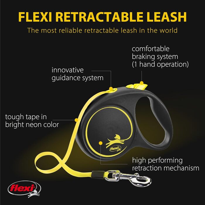 Рулетка-поводок для собак FLEXI New Fun Neon, 4,8 м, до 50 кг, чорний з неоном, автоматичний, зручний і стильний
