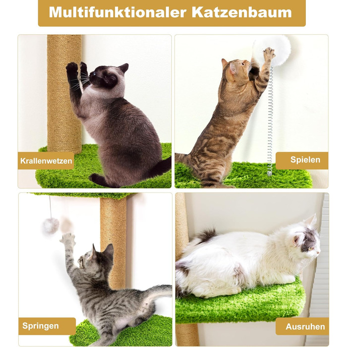 Кліматична стіна для котів Kratzbaum 125 см: 4 яруси, натуральне дерево, міцний фетр, зелений колір
