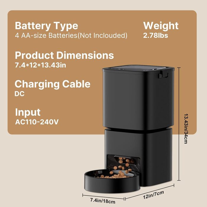 Автоматичний годівник для котів та собак з Wi-Fi, 5л, чорний. Керування через додаток, 1-10 прийомів їжі на день, 2.4GHz / 5GHz