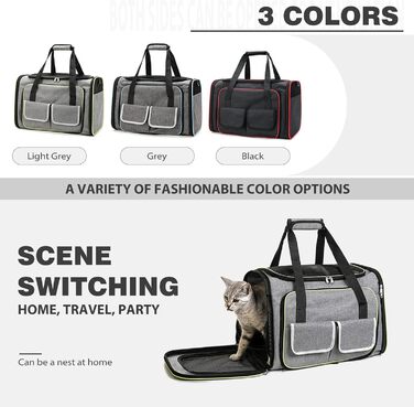 PETCUTE Транспортна сумка для кота, розкладна, з м'яким флісовим ліжком, 2 сторони відкривання, дихаюча сумка-переноска для кота з бічними кишенями, схвалена авіакомпаніями, світло-сіра, M