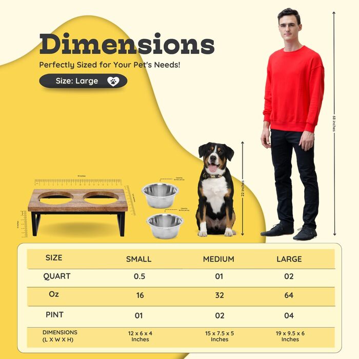 Підвищений дерев'яний стійка для собак AASPIRE PETS з 2 нержавіючими мисками – для води та корму, об'єм 0,9 л, годівниця для собак середніх та великих порід