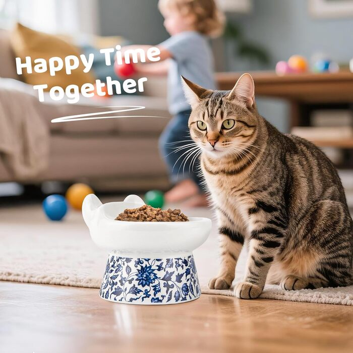 Котло propositions, Підвищена годівниця для котів TIGOADT, керамічна, широка, нахилена, проти блювоти, для кошенят та дорослих котів (блакитно-білий візерунок)