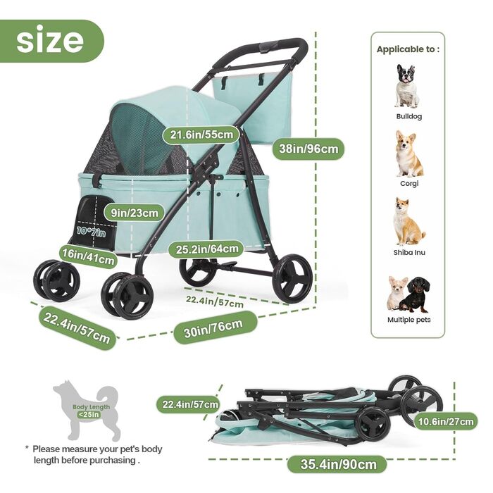 Дитяча коляска для собак з 4 міцними колесами, складна, з регульованою ручкою, подвійна місткість, вагон-переноска з передніми дверцятами, для маленьких собак (Блакитно-зелений)