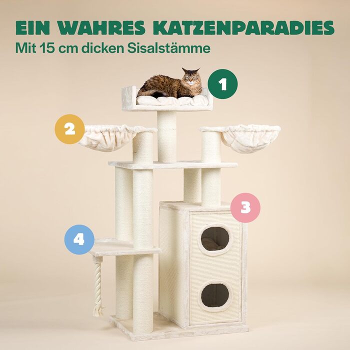 Дерев'яний котячий комплекс RHRQuality Cat Paradise для великих котів з когтеточкою, люкс-лежанкою та стовпами Ø15 см, кремовий