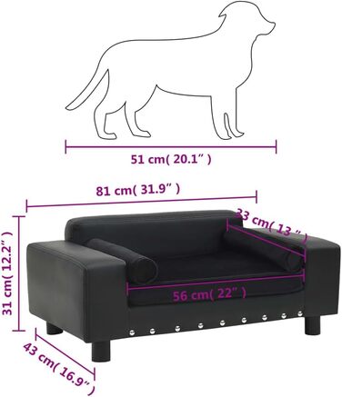 Диван для собак VidaXL, чорний, 81x43x31 см, плюш, штучна шкіра, лежанка для тварин