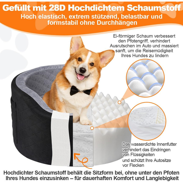 Автокрісло для собак - чорне автокрісло-бустер для маленьких собак з 28D Memory Foam, неслизький водонепроникний підкладка, переноска для подорожей з кишенями для зберігання та ковдрою, сірий (01-Чорний)