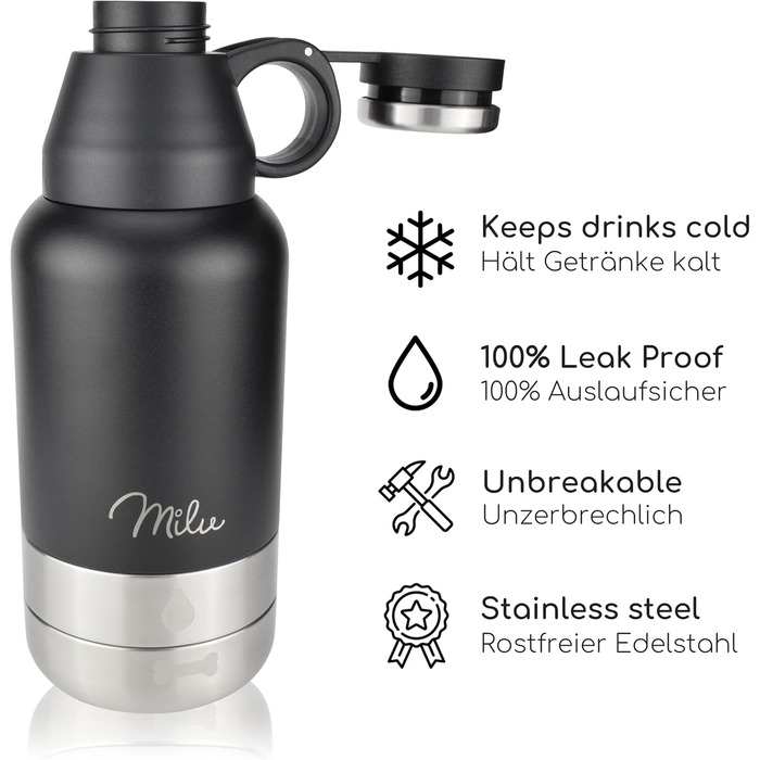 Водяна пляшка для собак Milu 950 мл з мискою для корму - ізольована сталева пляшка для собак, чорна