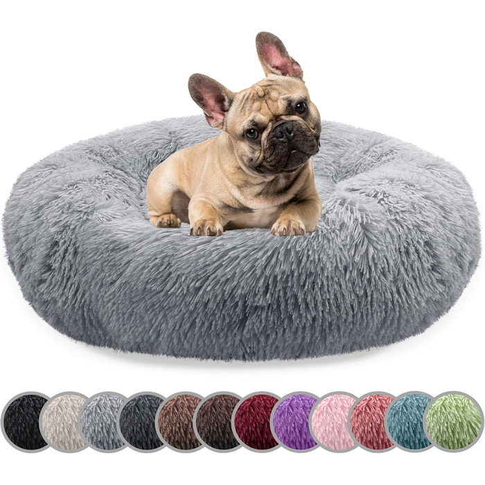 Кругле ліжко для собак середніх порід, діаметр 70 см, м'яке плюшеве гніздо, ергономічне, знімний чохол, неслизьке, штучне хутро, колір: світло-сірий