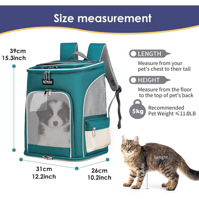 Рюкзак для собак та котів PETCUTE, дихаючий, з висувною підстилкою, прозоре вікно, складаний, з безпечним шнуром, для подорожей, Malachitgrün+Weiß