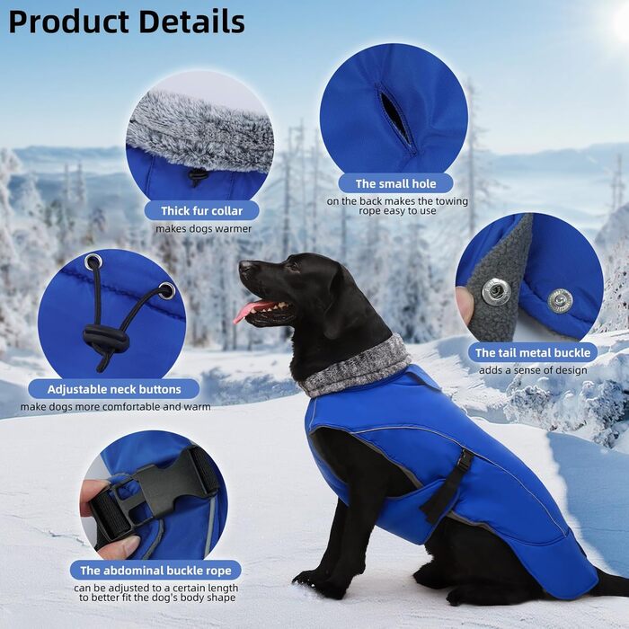 Водонепроникний теплий зимовий одяг для собак DENTRUN, флісова підкладка, куртка для собак середнього розміру (Синій, M)