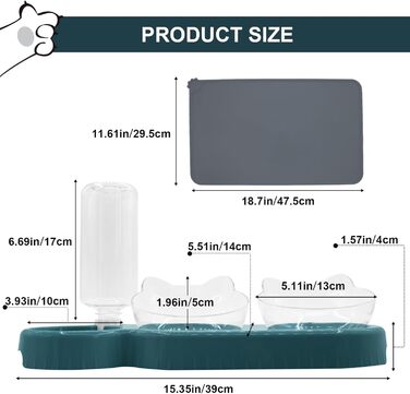 Набір мисок для котів та собак з диспенсером води, киликом та лопаткою, нахил 15°, миски для сухого та вологого корму, темно-синій