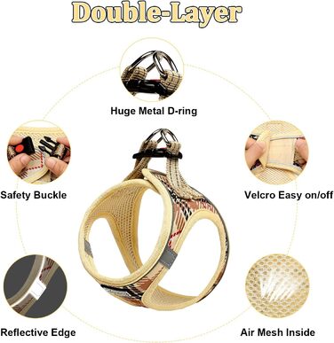 Нашийник для собак маленьких порід з повідком, анти-тягнучий, світловідбиваючий, дихаючий, нагрудник для цуценят (Бежевий, S, Обхват грудей: 29-33 см)