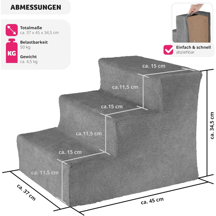 Сходинка для тварин tectake®: для собак та котів, зручний доступ до софи, ліжка, авто (сірий, 37 x 45 x 34,5 см, 3)