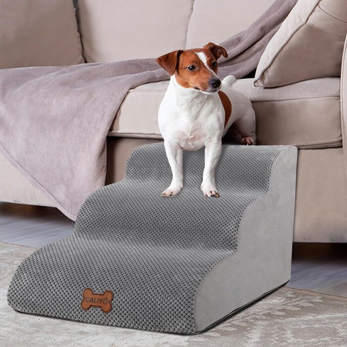 Сходинки для собак Caliyo, 3 сходинки, для маленьких собак, з високощільним губчастим матеріалом, знімний, washable cover, неслизьке дно (60 x 40 x 40 см, сірий)