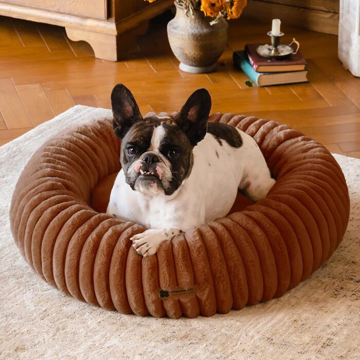 Кругле м'яке ліжко для собак MEWOOFUN, коричневе, 76x76x20 см - для маленьких собак, з антиковзною основою