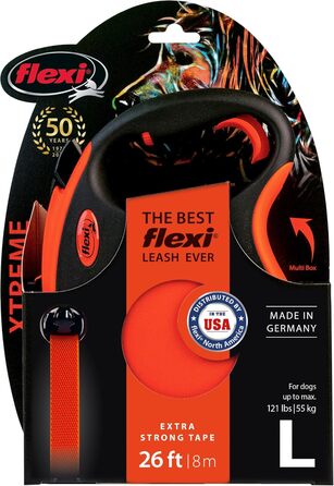 Рулетка для собак Flexi Xtreme L - міцна, 7.9 м, посилене гумове обплетення, світловідбиваючі елементи, регульована ручка, оранжево-чорний, Large