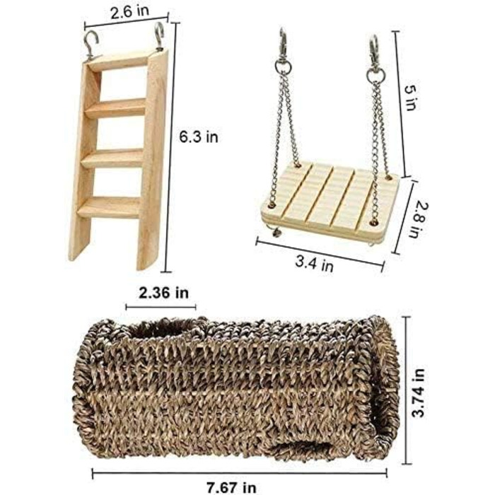 Іграшки для хом'яків Wonninek: набір з 3 іграшок для клітки - драбина, гамак-гойдалка, тунель-гніздо. Підходять для хом'яків, шиншил, морських свинок.