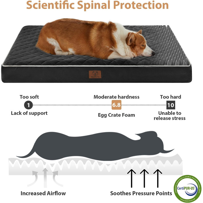 Ортопедичне собаче ліжко WNPETHOME XL, водонепроникне, велике, знімний, пральний чохол та антиковзаюча основа. Матрац з пінопласту у формі яєчних коробок. Розміри: 104x69x10 см (Чорний)